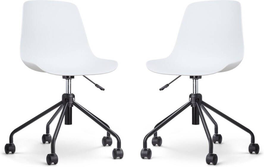 Nolon Nout-Pip Bureaustoelen Set van 2 Wit Kunststof Zitting Verstelbaar Wieltjes Zwart Onderstel