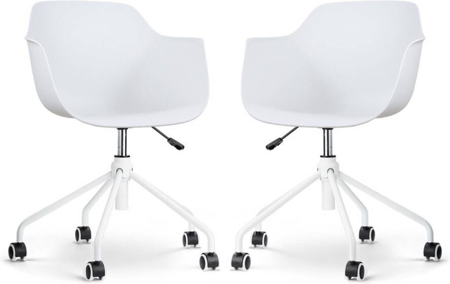 Nolon Nout-Puk Bureaustoelen Set van 2 Wit met Armleuning Kunststof Zitting Verstelbaar Wieltjes Wit Onderstel