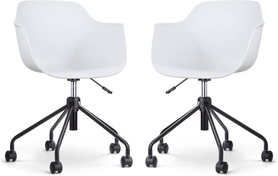 Nolon Nout-Puk Bureaustoelen Set van 2 Wit met Armleuning Kunststof Zitting Verstelbaar Wieltjes Zwart Onderstel