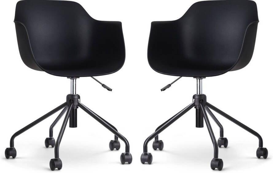 Nolon Nout-Puk Bureaustoelen Set van 2 Zwart met Armleuning Kunststof Zitting Verstelbaar Wieltjes Zwart Onderstel