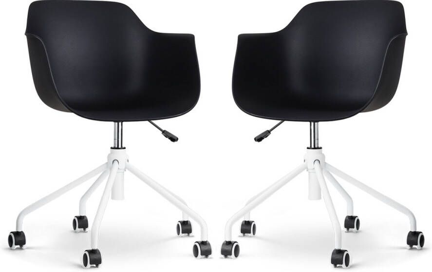 Nolon Nout-Puk Bureaustoelen Set van 2 Zwart met Armleuning Kunststof Zitting Verstelbaar Wieltjes Wit Onderstel