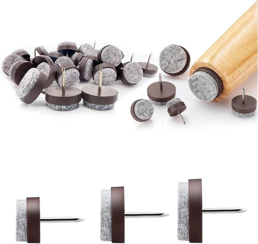 Non Merk 20x Premium Viltjes Stoelpoten met Spijker Bruin Grijs Anti Kras Meubelvilt voor Meubels 20 stuks Rond Stoelpoot Beschermers Meubelglijders Antikras Vilt voor Stoel Bank Tafel
