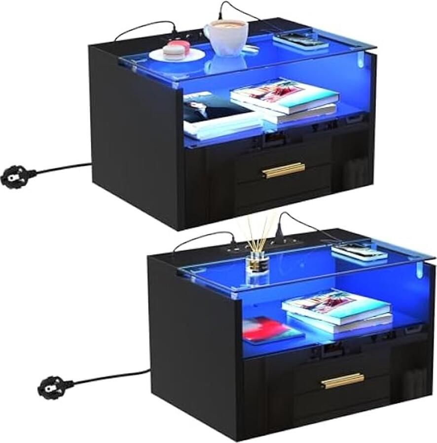None 2PCS Bedside Table with Lights 3-Tier Wall Bedside Table with One Drawer Wood Bedside Cabinet Tempered Glass Top Shelf 2AC 2USB Bedside Desk with Power Station for Bedroom Home EU Plug Black