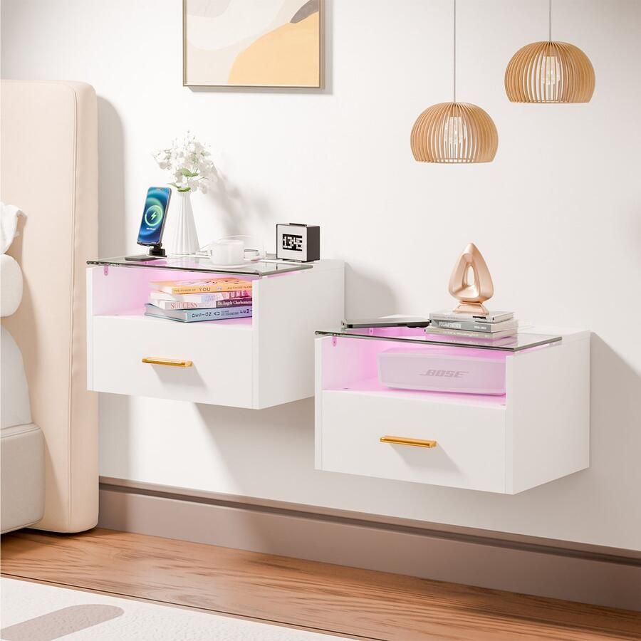 None 2PCS Bedside Table with Lights 3-Tier Wall Bedside Table with One Drawer Wood Bedside Cabinet Tempered Glass Top Shelf 2AC 2USB Bedside Desk with Power Station for Bedroom Home EU Plug White