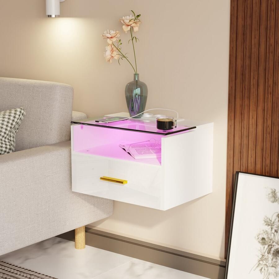 None 2PCS Bedside Table with Lights 3-Tier Wall Bedside Table with One Drawer Wood Bedside Cabinet Tempered Glass Top Shelf 2AC 2USB Bedside Desk with Power Station for Bedroom Home EU Plug White