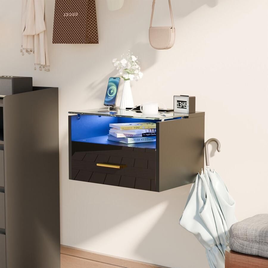 None 2PCS Bedside Table with Lights 3-Tier Wall Bedside Table with One Drawer Wood Bedside Cabinet Tempered Glass Top Shelf 2AC 2USB Bedside Desk with Power Station for Bedroom Home EU Plug Black