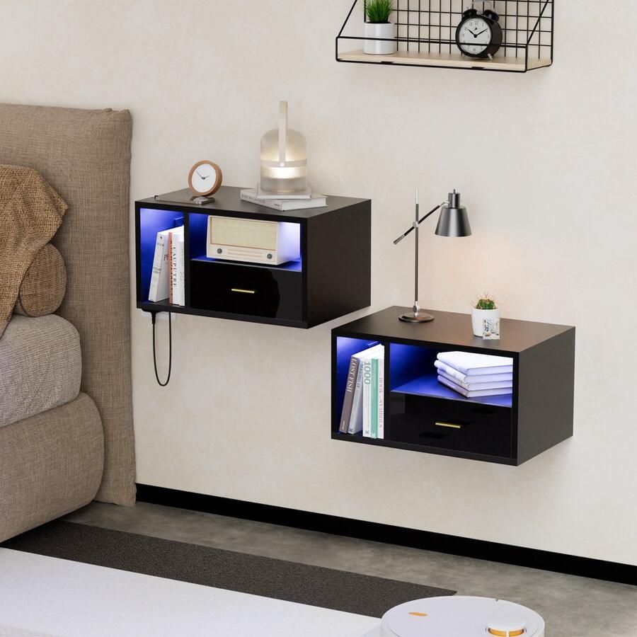 None 2PCS Wall Bedside Table Single Drawer Wall Mounted Bedside Desk with Charging Station Lamp Strip 1 AC Outlet 2 USB Ports Wood Floating Bedside Cabinet for Bedroom EU Power Socket Black