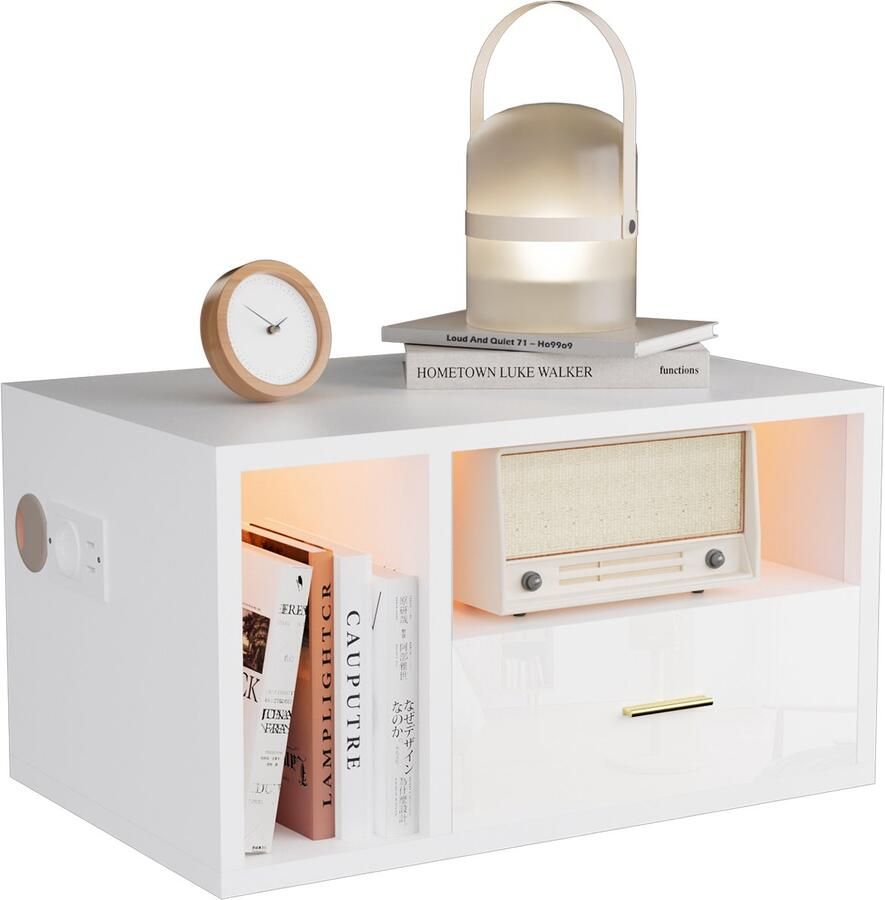 None 2PCS Wall Bedside Table Single Drawer Wall Mounted Bedside Desk with Charging Station Lamp Strip 1 AC Outlet 2 USB Ports Wood Floating Bedside Cabinet for Bedroom EU Power Socket White