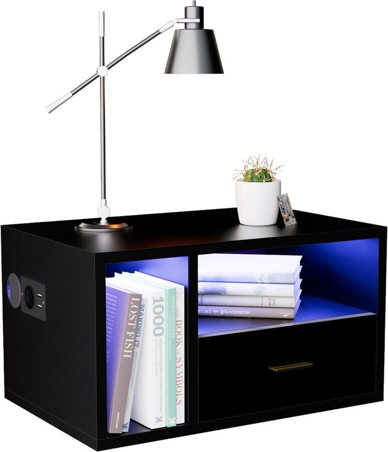 None 2PCS Wall Bedside Table Single Drawer Wall Mounted Bedside Desk with Charging Station Lamp Strip 1 AC Outlet 2 USB Ports Wood Floating Bedside Cabinet for Bedroom EU Power Socket Black