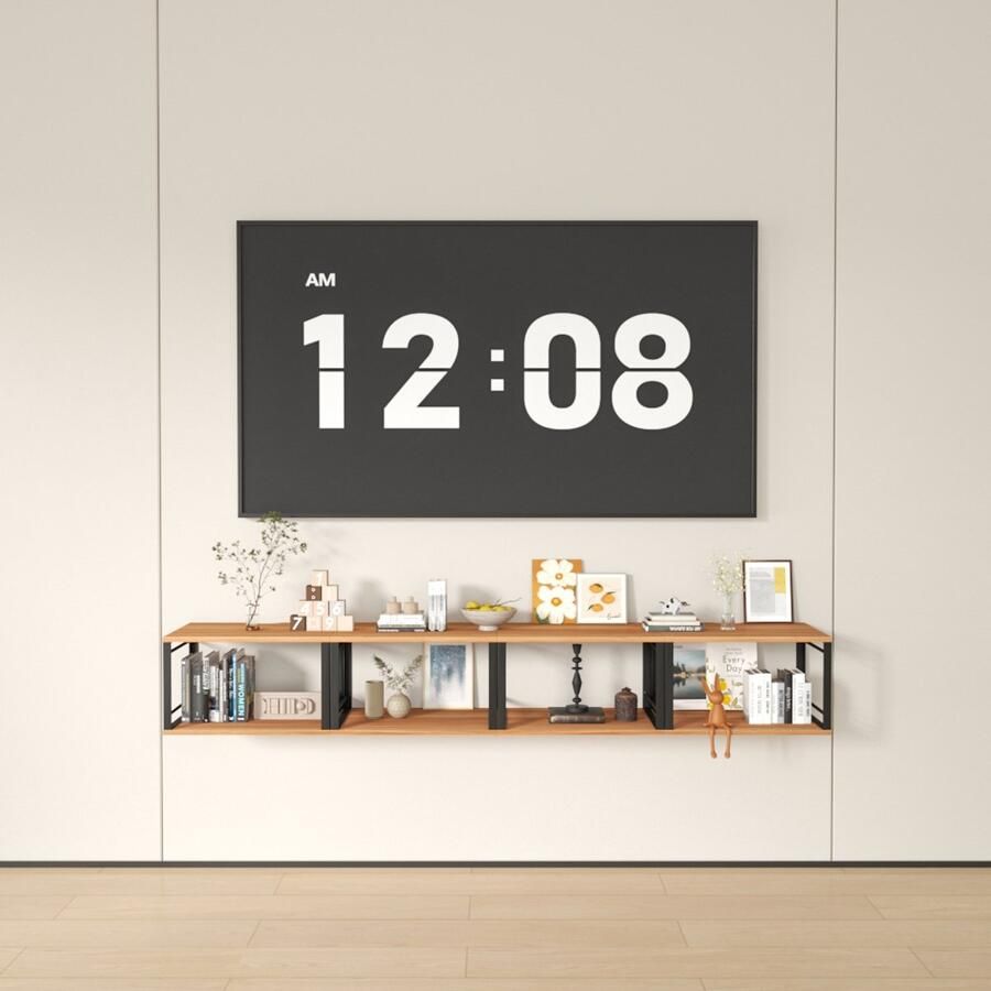 None 2PCS Wall Mounted Bedside Table Wood Bedside Desk with Light 2-Layer Floating Bedside Table Open Space Metal Wood Bedside Cabinet for Bedroom Living Room and Apartment Brown