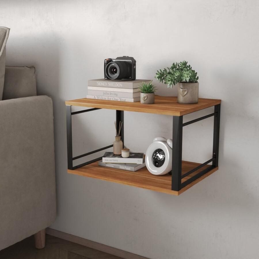 None 2PCS Wall Mounted Bedside Table Wood Bedside Desk with Light 2-Layer Floating Bedside Table Open Space Metal Wood Bedside Cabinet for Bedroom Living Room and Apartment Brown