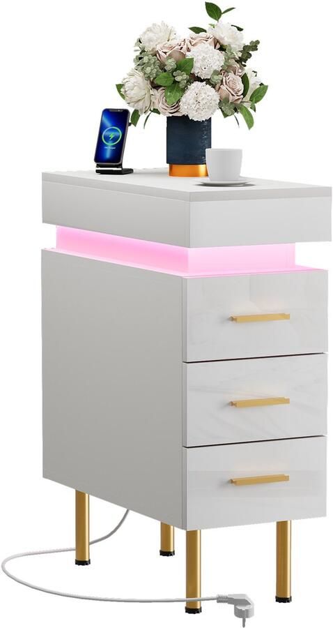 None 3 Drawer Bedside Table Narrow Bedside Table with Light Remote Control Adjustable Bluetooth Light Strip 1AC 2USB Floor Mount Wood Bedside Cabinet with Charging Station for Bedroom Home EU Plug White