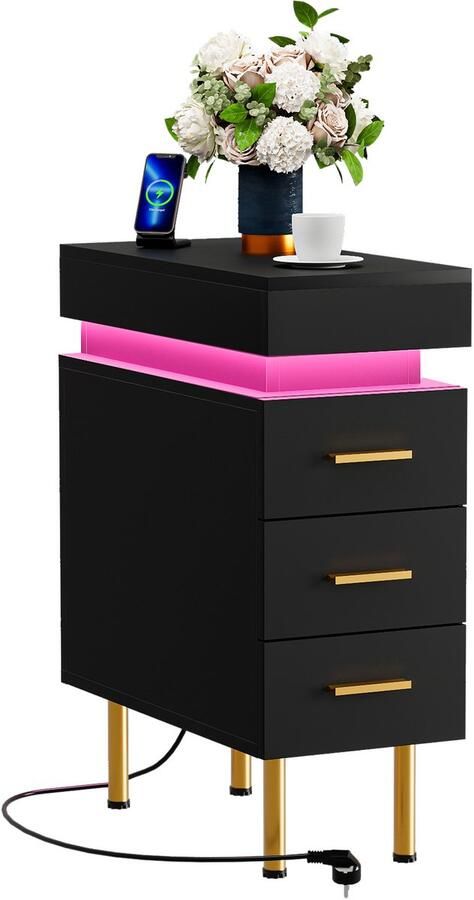 None 3 Drawer Bedside Table Narrow Bedside Table with Light Remote Control Adjustable Bluetooth Light Strip 1AC 2USB Floor Mount Wood Bedside Cabinet with Charging Station for Bedroom Home EU Plug Black