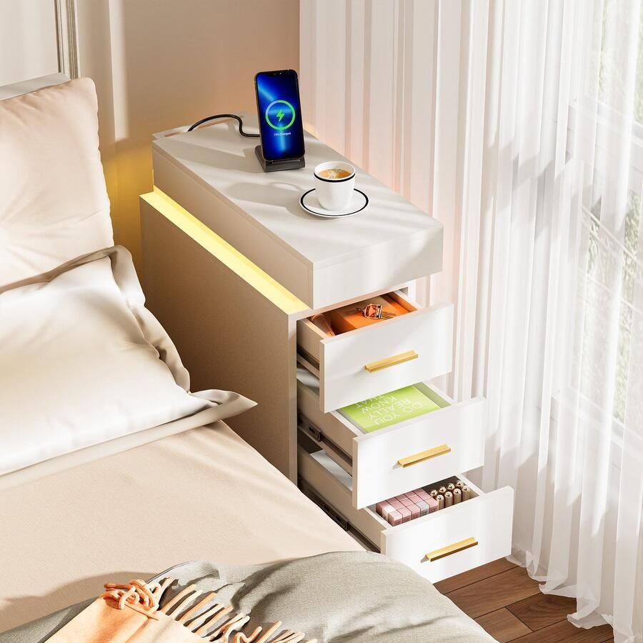 None 3 Drawer Bedside Table Narrow Bedside Table with Light Remote Control Adjustable Bluetooth Light Strip 1AC 2USB Floor Mount Wood Bedside Cabinet with Charging Station for Bedroom Home EU Plug White