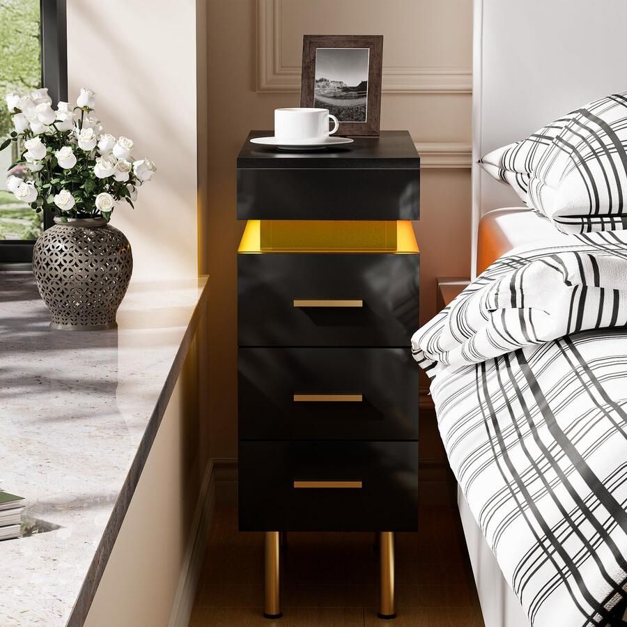 None 3 Drawer Bedside Table Narrow Bedside Table with Light Remote Control Adjustable Bluetooth Light Strip 1AC 2USB Floor Mount Wood Bedside Cabinet with Charging Station for Bedroom Home EU Plug Black