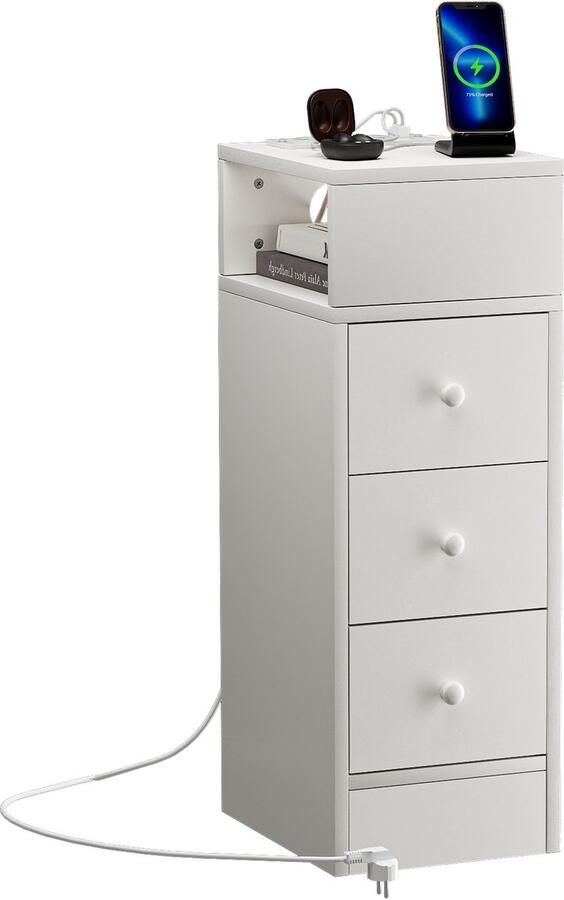 None 3 Drawers Bedside Table Wood Narrow Bedside Table with Power Outlet 2AC 2USB Side Cabinet Floor Mount Bedside Cabinet 1.5m Power Cord Bedside Desk for Bedroom Living Room Storage Cabinet EU Plug White