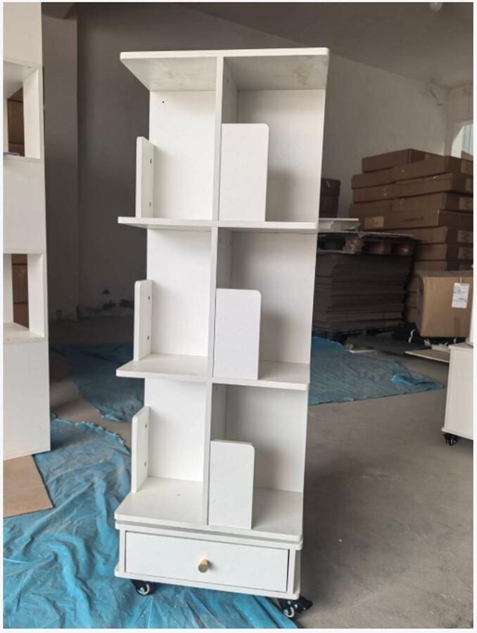 None 3 Layers Rotating Bookshelf Wood Bookshelf with Wheels Mobile Bookshelf with One Drawer Book Storage Organizer Lockable Casters Rotatable Bookshelf for Living Room Bedroom Study Room White