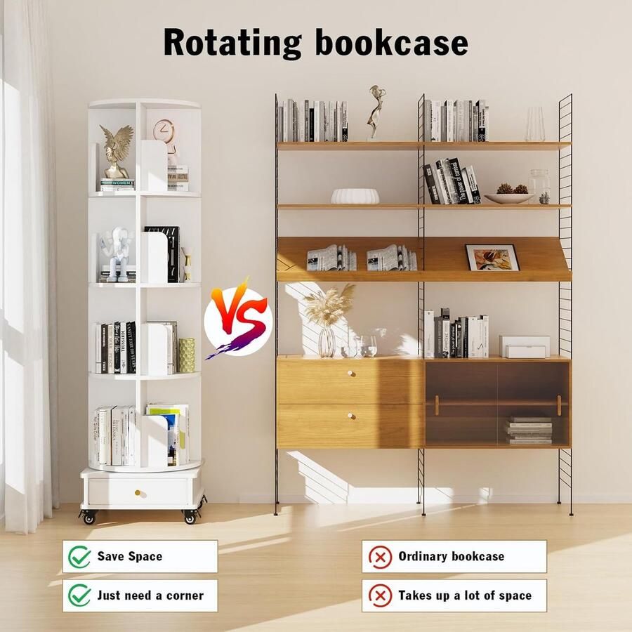 None 4 Layers Rotating Bookshelf Mobile Bookshelf with Single Drawer Rotatable Bookcase with Wheels Storage Shelf Book Organizer Wood Corner Bookshelf for Study Room and Bedroom Home White
