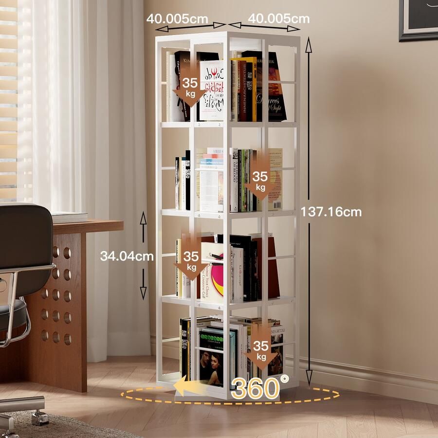 None 4 Layers Rotating Bookshelf Wooden Bookshelf Metal Wood Bookcase Open Shelf Rotatable Bookshelf Storage Shelf Bookshelf with 4 Levels for Study Room Bedroom Living Room Office White