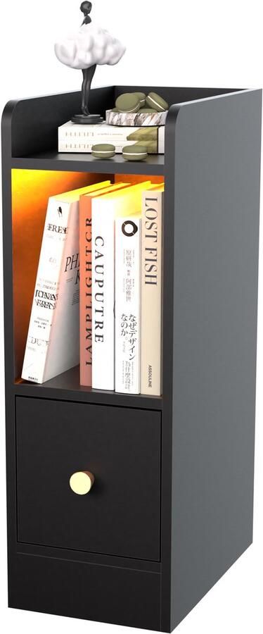 None Bedside Table with Light 3-Layer Narrow Bedside Table with Single Drawer 1AC 2USB Power Outlet Bluetooth Light Strip Bedside Desk with Remote Control Wood Bedside Cabinet for Bedroom EU Plug Black