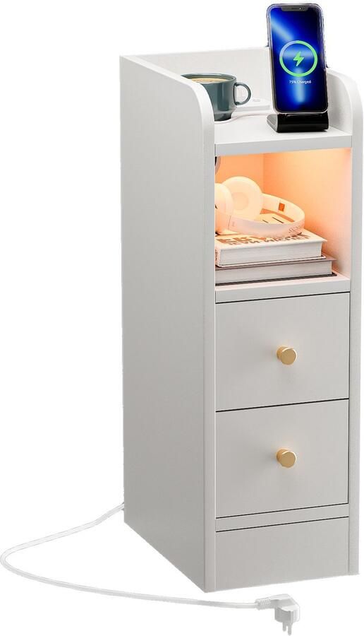 None Bedside Table with 2 Drawers 4-Layers Narrow Bedside Desk with Power Outlet 1AC 2USB Wood Side Table Adjustable Bluetooth Light Strip Slim Bedside Cabinet for Bedroom and Living Room EU Plug White