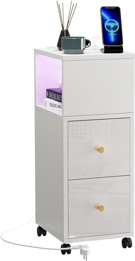 None Bedside Table with 2 Drawers Wood Bedside Cabinet with Light Glow 2AC 2USB Side Table with Charging Station Bluetooth Light Strip Storage Cabinet Slim Bedside Desk for Bedroom Living Room EU Plug White
