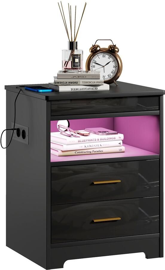 None Bedside Table with 2 Drawers Wooden Bedside Cabinet with Power Outlets 2AC 2USB Open Shelf Side Cabinet with Charging Station Bedside Cabinet with Light for Bedroom Living Room EU Plug Black