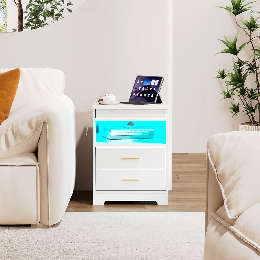 None Bedside Table with 2 Drawers Wooden Bedside Cabinet with Power Outlets 2AC 2USB Open Shelf Side Cabinet with Charging Station Bedside Cabinet with Light for Bedroom Living Room EU Plug White
