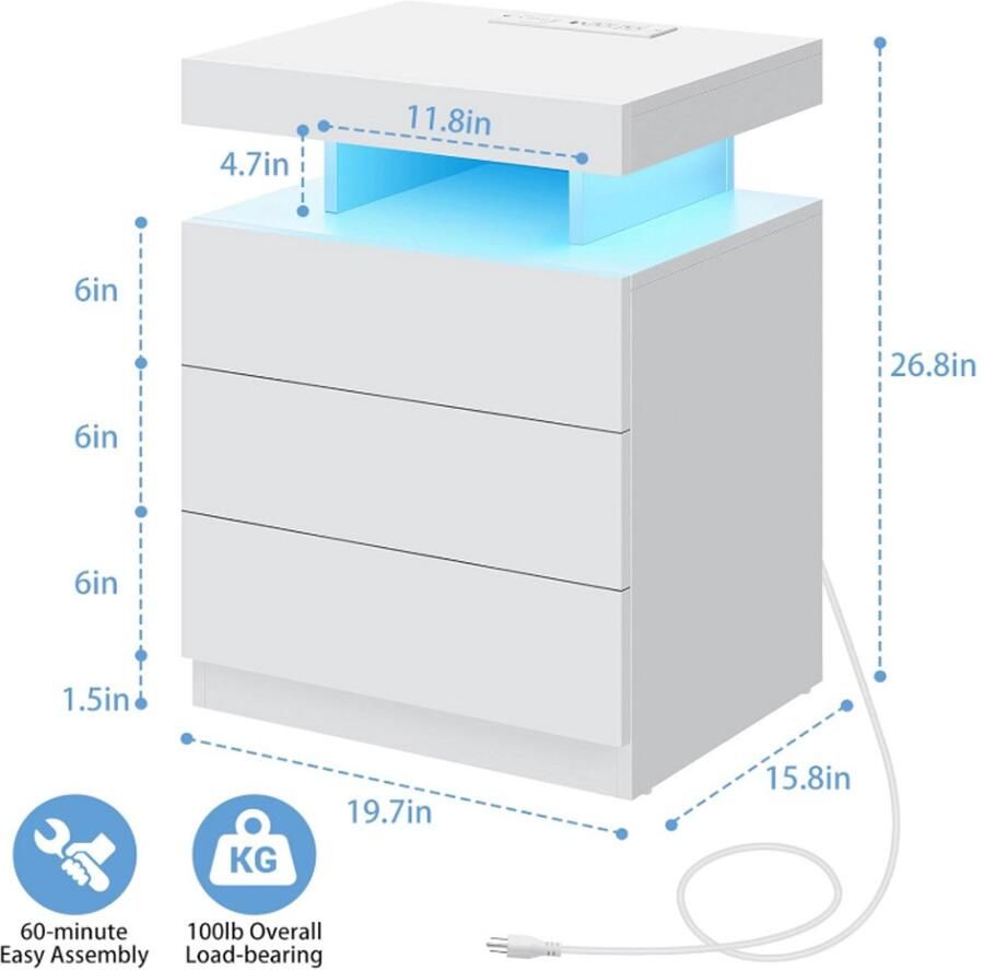 None Bedside Table with 3 Drawers Wood Bedside Cabinet with Charging Station 2AC 2USB Bedside Table with Lights Sideboard Bluetooth Lamp Strip Drawer Bedside Table for Bedroom Living Room EU Plug White