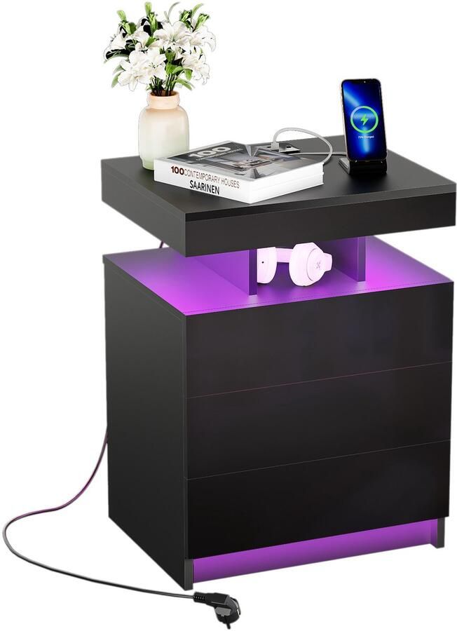 None Bedside Table with 3 Drawers Wood Bedside Cabinet with Charging Station 2AC 2USB Bedside Table with Lights Sideboard Bluetooth Lamp Strip Drawer Bedside Table for Bedroom Living Room EU Plug Black