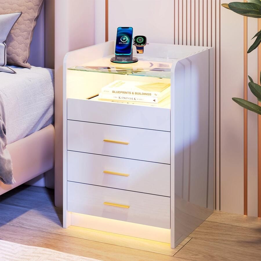 None Bedside Table with 3 Drawers Wooden Bedside Cabinet with Light Sliding Compartment Bedside Table with Charging Station 2AC 2USB Side Cabinet for Bedroom Living Room Small Space EU Plug White