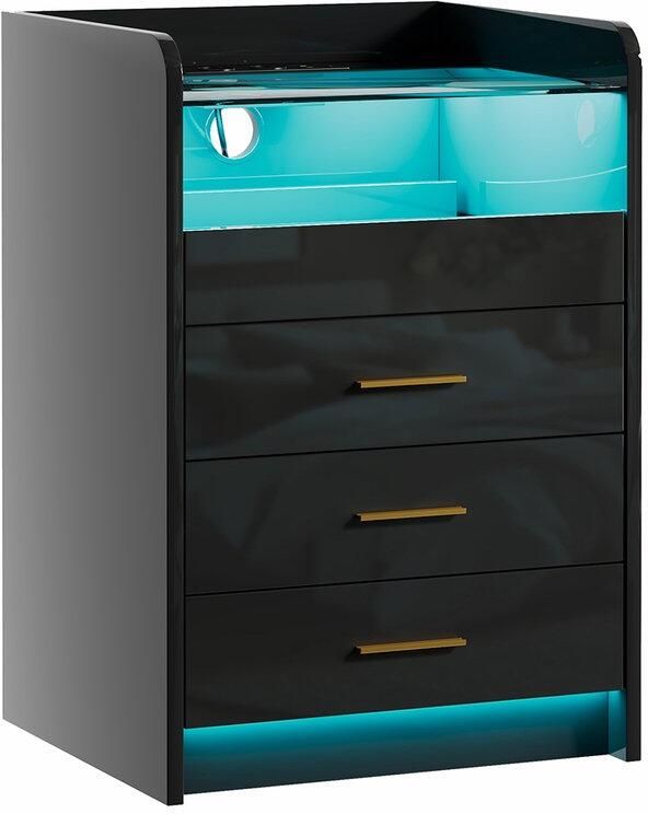 None Bedside Table with 3 Drawers Wooden Bedside Cabinet with Light Sliding Compartment Bedside Table with Charging Station 2AC 2USB Side Cabinet for Bedroom Living Room Small Space EU Plug Black