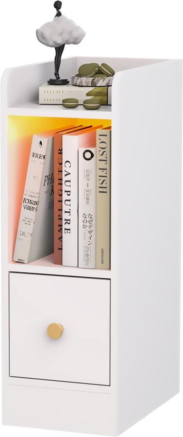 None Bedside Table with Light 3-Layer Narrow Bedside Table with Single Drawer 1AC 2USB Power Outlet Bluetooth Light Strip Bedside Desk with Remote Control Wood Bedside Cabinet for Bedroom EU Plug White