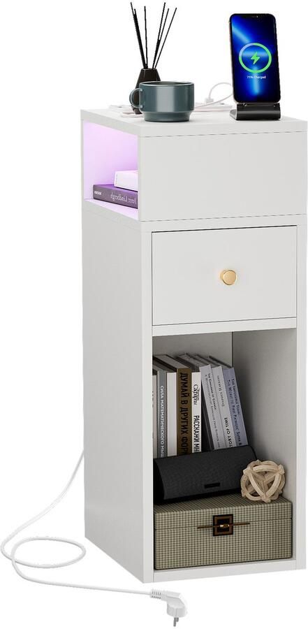 None Bedside Table with Light Single Drawer Bedside Desk 4-layer Wood Narrow Side Table with Charging Station Remote Control 2AC 2USB Slim Bedside Cabinet for Bedroom and Living Room EU Plug White