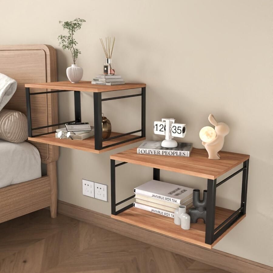 None Bedside Table with Light Wall Mounted Bedside Desk 2-Layer Floating Bedside Table with 40cm Light Strip Open Space Metal Wood Bedside Cabinet for Bedroom and Living Room Brown