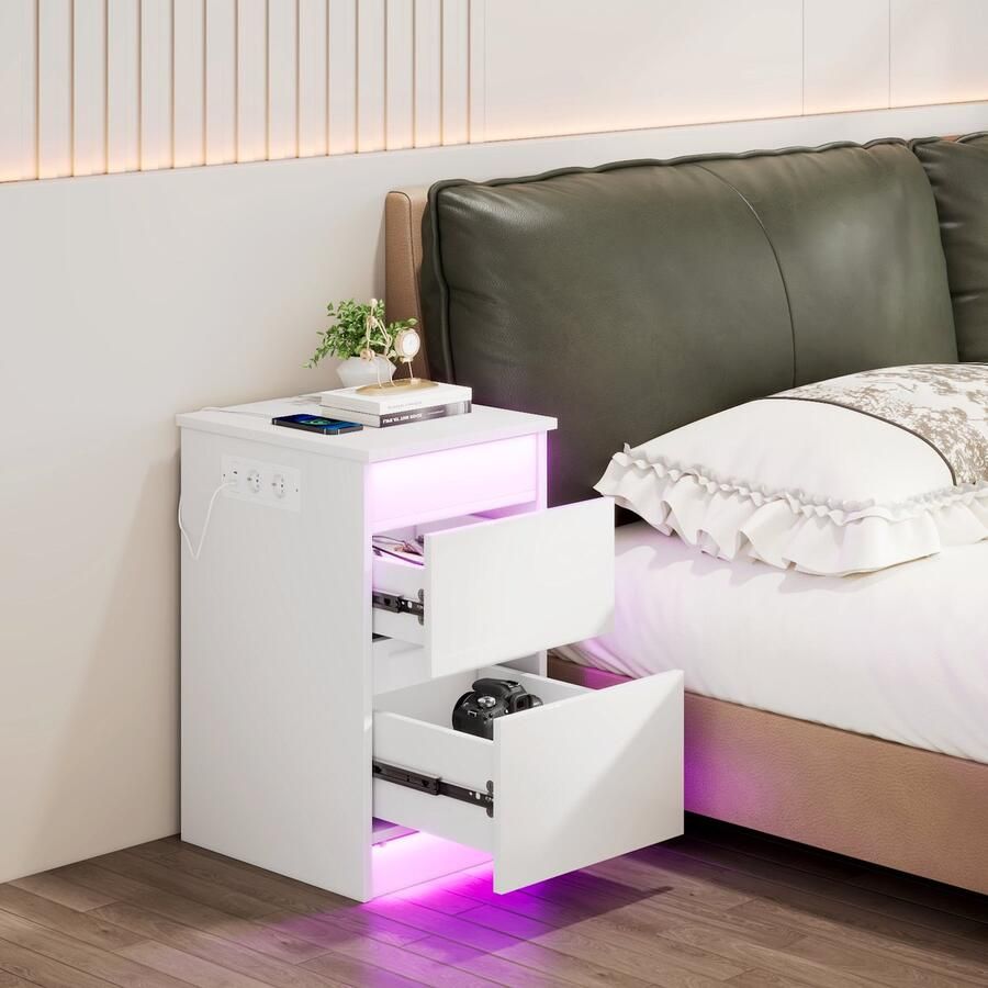 None Bedside Table with Lighting 2-Drawer Bedside Cabinet 2AC 2USB Sideboard Wooden Side Cabinet Bedside Cabinet with Charging Station Top Flipping Cover Bedside Table for Bedroom Living Room EU Plug White