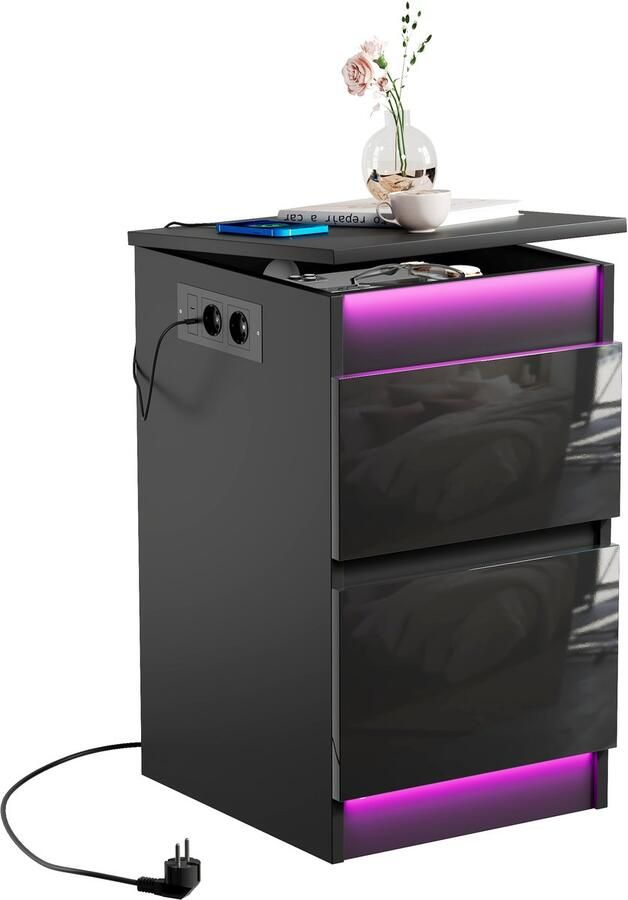None Bedside Table with Lighting 2-Drawer Bedside Cabinet 2AC 2USB Sideboard Wooden Side Cabinet Bedside Cabinet with Charging Station Top Flipping Cover Bedside Table for Bedroom Living Room EU Plug Black