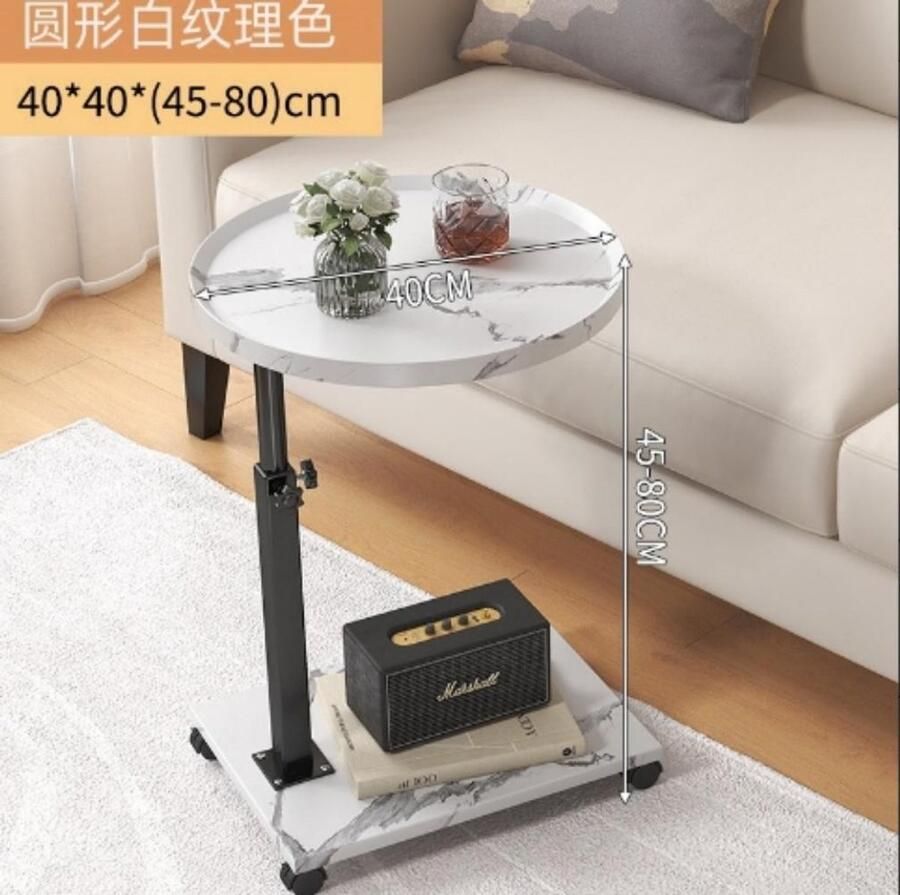 None Coffee Table with 4 Wheels Height Adjustable Side Table Rotatable Floor Mount Wood Round Small Coffee Table 2 Levels PVC Coated Surface Side Table for Living Room Kitchen Office Cafe White
