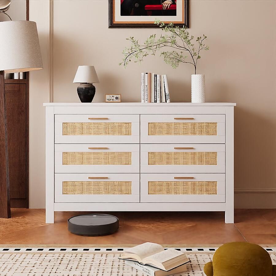 None Drawer Chest 6 Drawers Cabinet Wooden Storage Cabinet Sideboard with 6 Drawers Side Cabinet High Legs Wood Bedside Chest for Bedroom Kitchen and Living Room Furniture Easy Assembly White