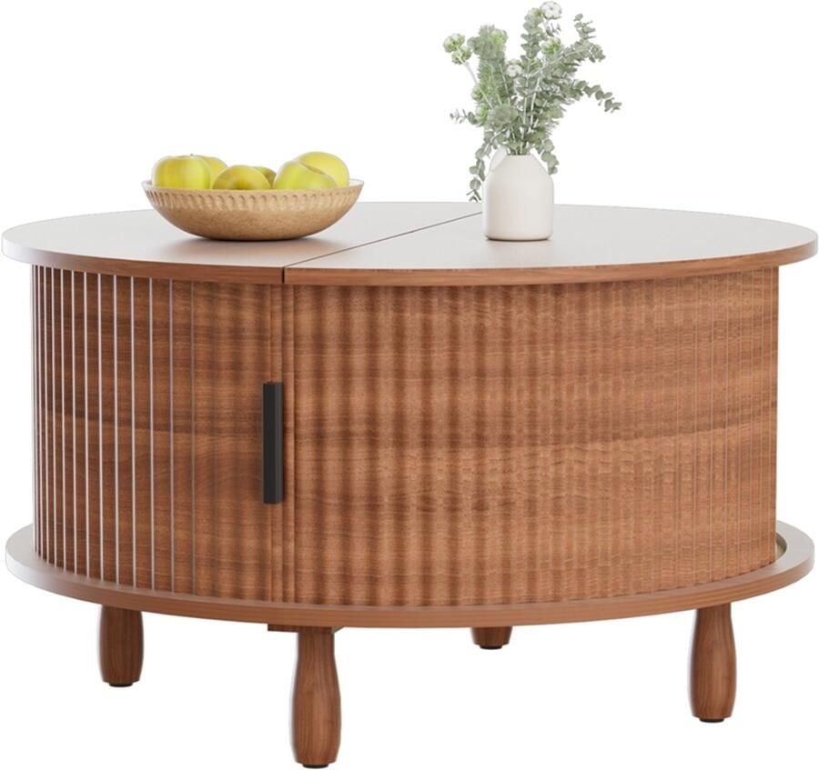 None Farmhouse Coffee Table with Storage Round Wooden Coffee Table for Home Living Room Office Center Table with Sliding Cabinet Door Type 2