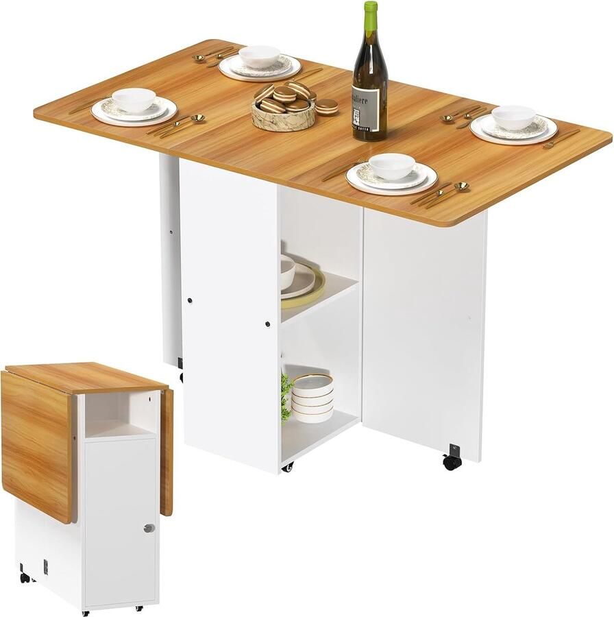 None Folding Table with Wheels Mobile Folding Dining Table Wood Foldable Side Table with Shelf Wood Extendable Dining Table for Kitchen Living Room and Small Spaces Storage Table Brown Yellow