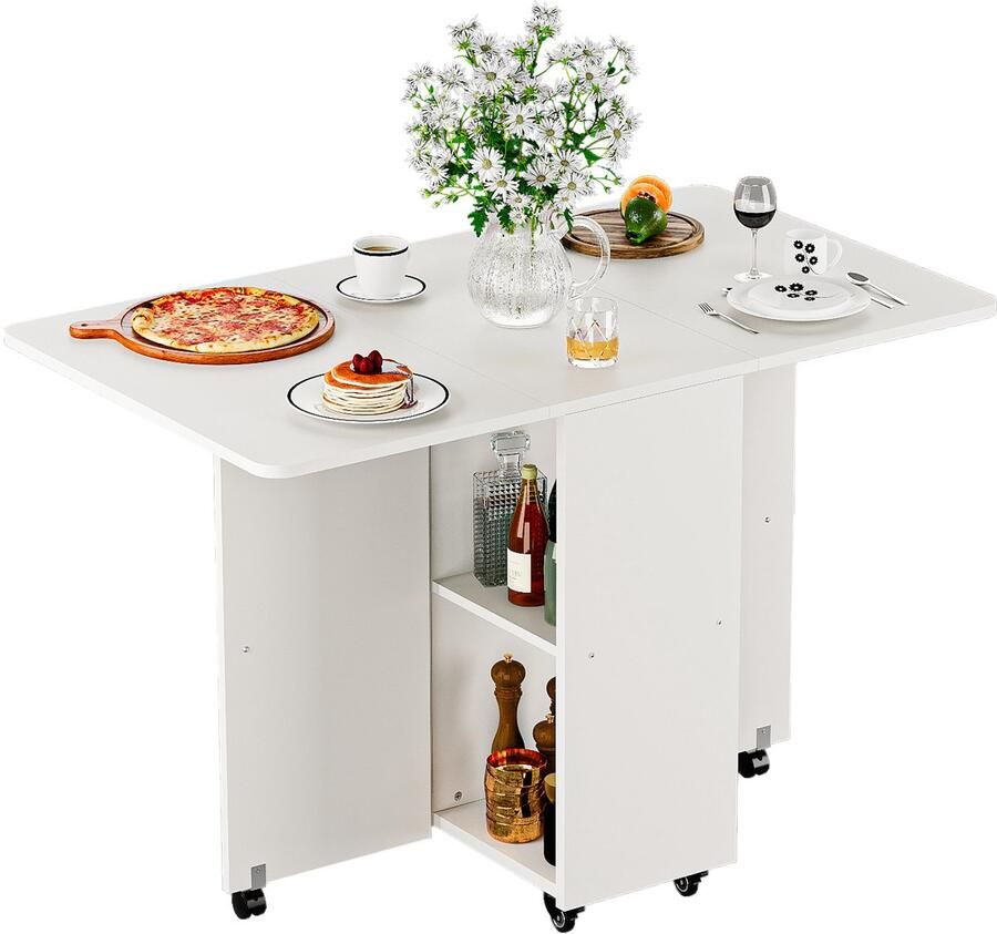 None Folding Table with Wheels Mobile Folding Dining Table Wood Foldable Side Table with Shelf Wood Extendable Dining Table for Kitchen Living Room and Small Spaces Storage Table White
