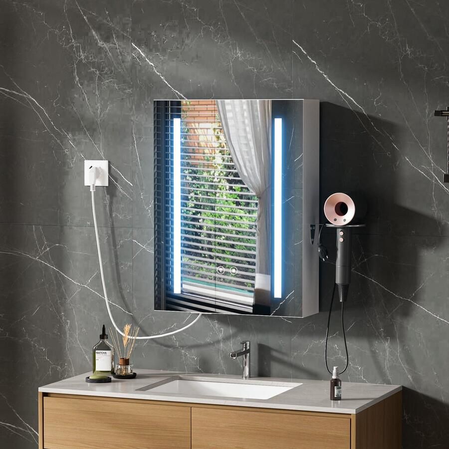 None LED Bathroom Mirror Cabinet Wall Cabinet with Anti-Fog Mirror Storage Cabinet with Hair Dryer Holder Adjustable Shelves 3 Color Temperatures Dimmable Wood Cabinet for Bathroom Essentials EU Plug White