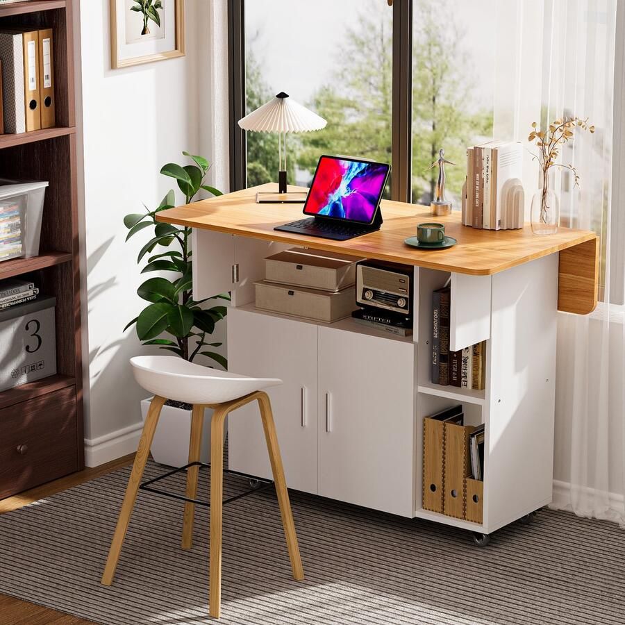 None Mobile Folding Dining Table Foldable Side Table Wood Folding Table with Wheels Movable Table with Door Cabinet Open Shelf Wood Dining Table for Kitchen Living Room Bedroom Bedside Table Yellow