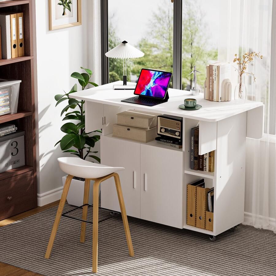 None Mobile Folding Dining Table Foldable Side Table Wood Folding Table with Wheels Movable Table with Door Cabinet Open Shelf Wood Dining Table for Kitchen Living Room Bedroom Bedside Table White