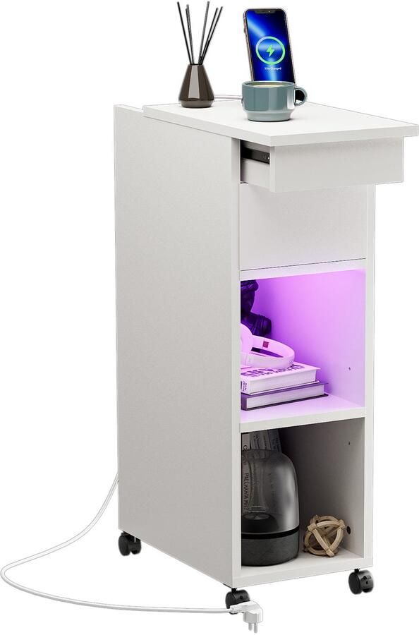 None Narrow Bedside Table Wood Bedside Cabinet with One Drawer Bluetooth Light Strip 1AC 2USB Side Cabinet with Charging Station Bedside Desk with Light for Bedroom Corner Cabinet EU Plug White