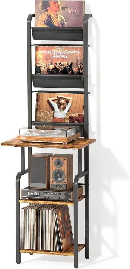 None Record Storage Stand Record Player Stand 6 Layers Side Table Record Rack Wooden Record Player Table Corner Rack Vinyl Record Display Stand for Album Storage Shelf Living Room Bedroom Brown-Black