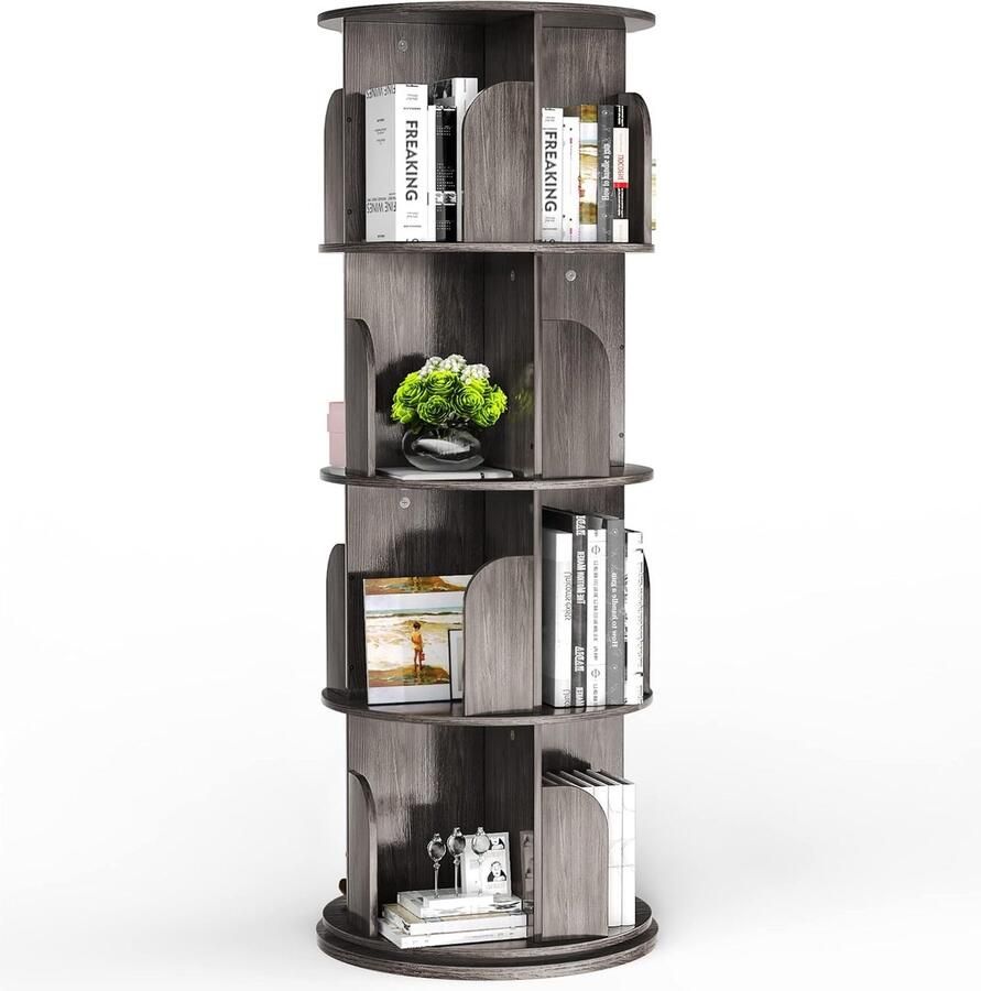 None Rotating Bookshelf 4 Layers Bookshelf Wood Open Bookcase Rotatable Bookshelf with 4 Levels Rotating Book Organizer Books Storage Shelf for Study Room Bedroom Living Room Office Grey-Black