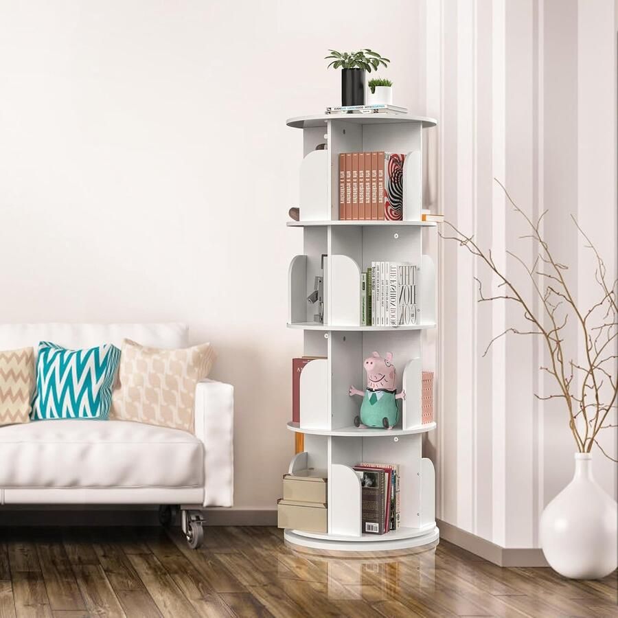 None Rotating Bookshelf 4 Layers Bookshelf Wood Open Bookcase Rotatable Bookshelf with 4 Levels Rotating Book Organizer Books Storage Shelf for Study Room Bedroom Living Room Office White