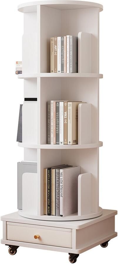 None Rotating Bookshelf with Wheels 3 Layers Mobile Bookshelf with One Drawer Corner Bookcase Book Storage Shelf Wood Rotatable Bookshelf for Study Room Bedroom Living Room Book Organizer White